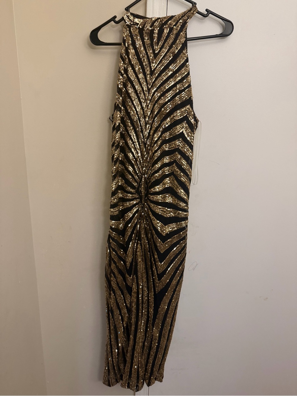 Fashion Nova Black and Gold Sequin Halter Maxi Dress